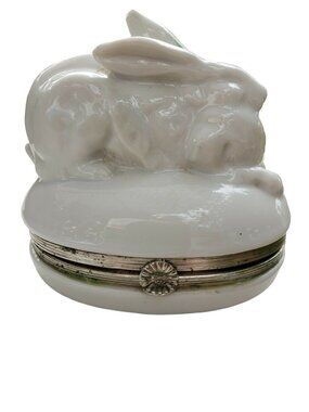 Vtg Porcelain White Lid Hardware Bunny Trinket Box White Japanese Haldon Group